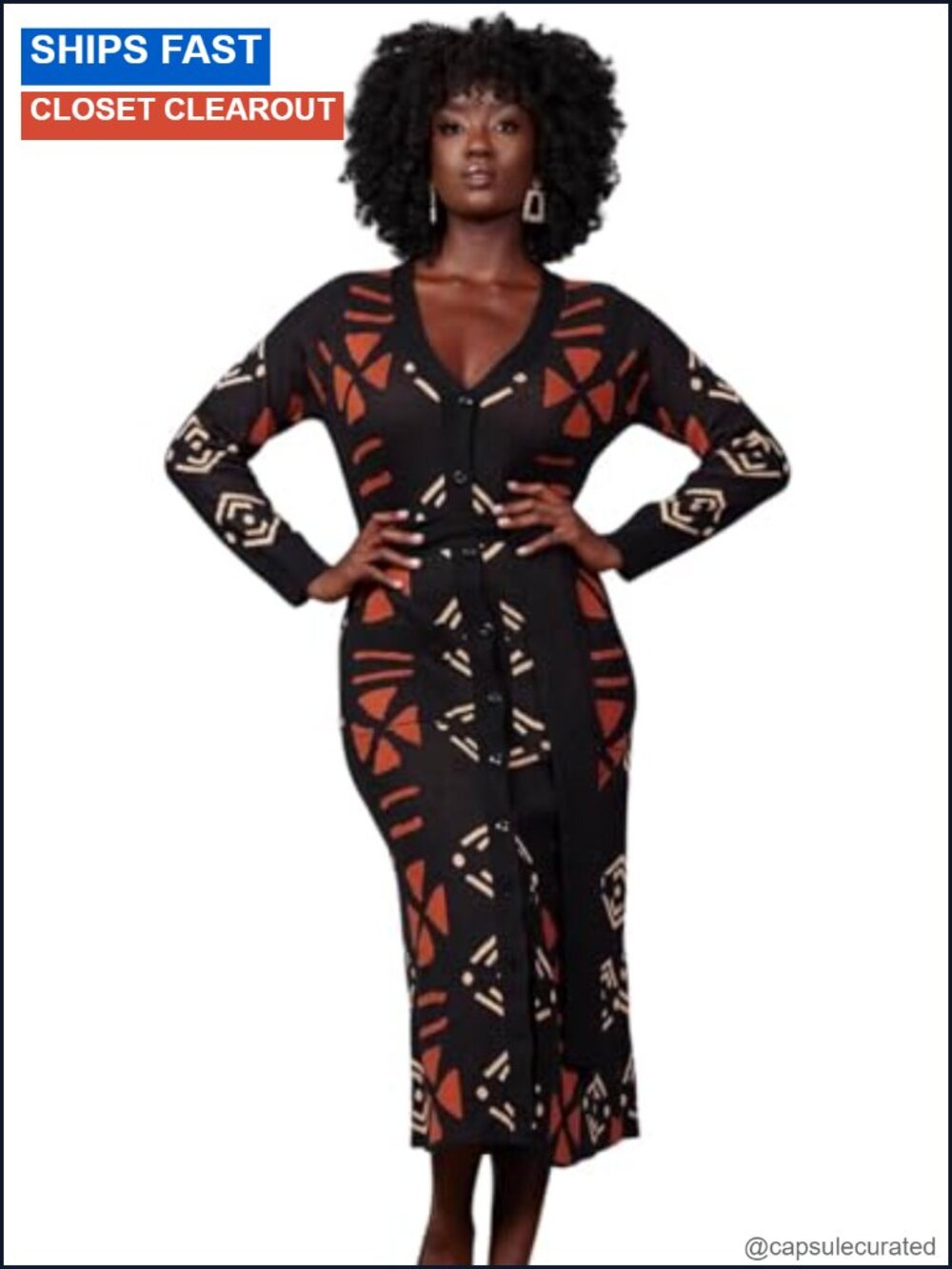 D'IYANU Aisha African Print Cardigan or Dress Cotton Acrylic Belted Calf Length